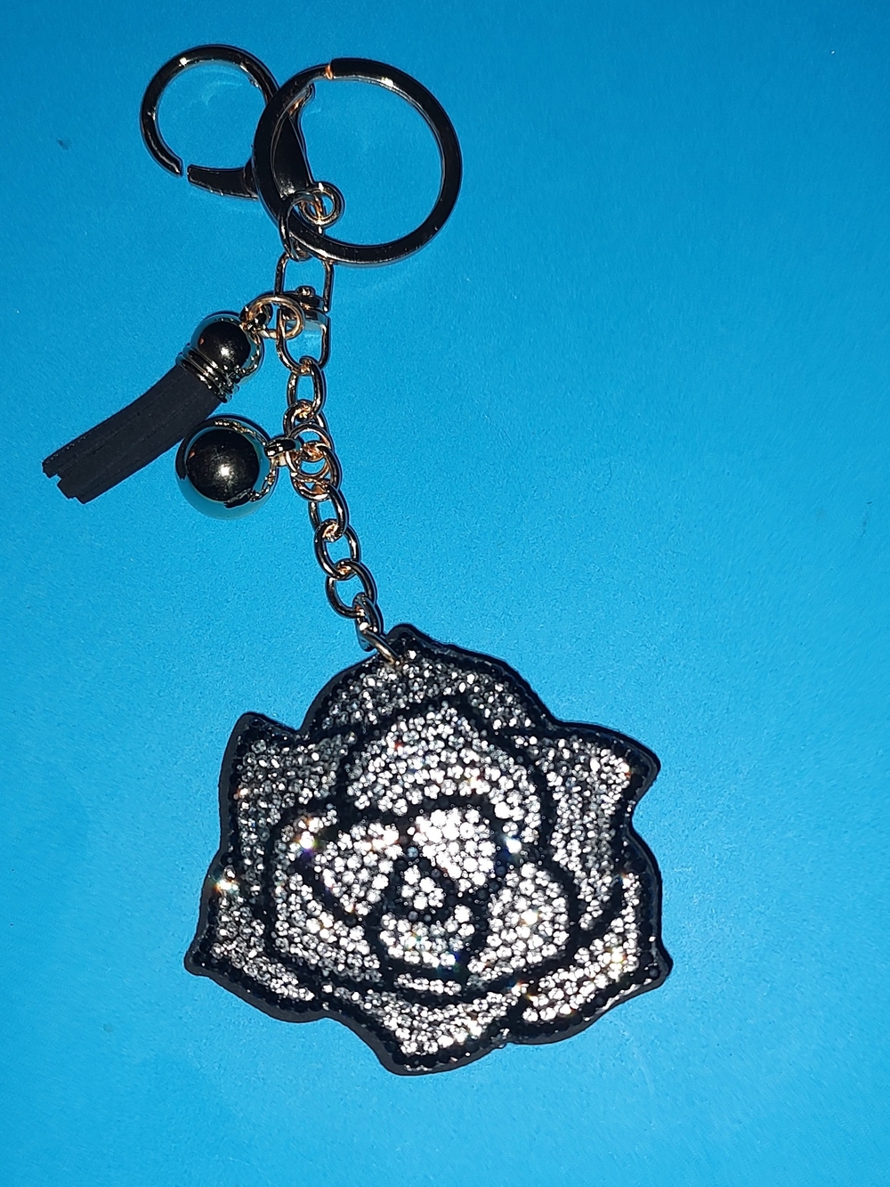 New! Rhinestone Rose Keychain Charm - Black and Silver